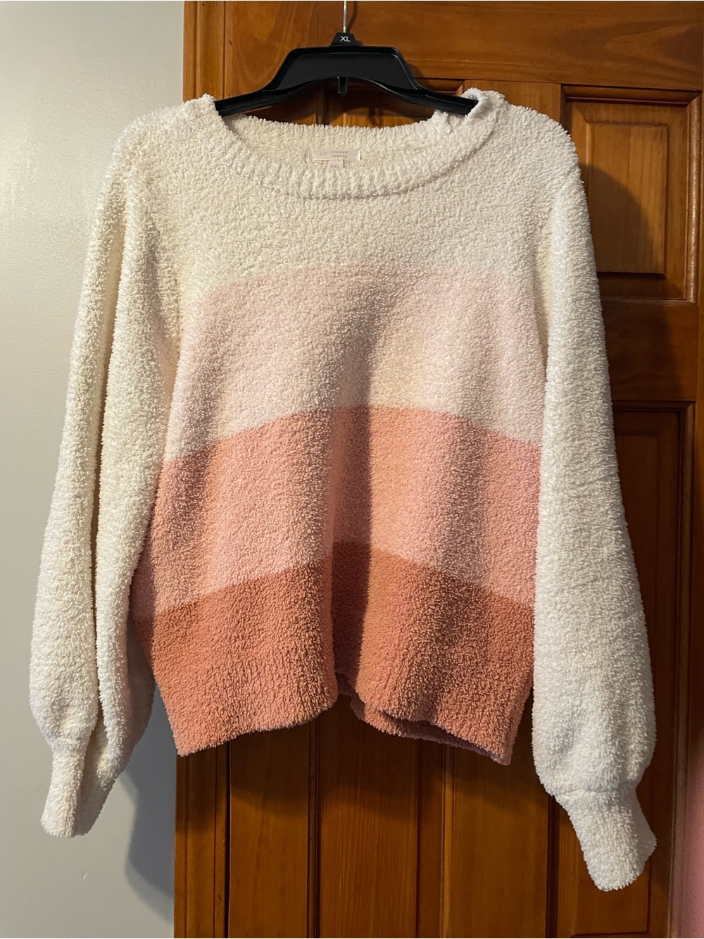 LC Lauren Conrad Cream with Blush and Rose Pink Striped Fuzzy Crewneck Sweater